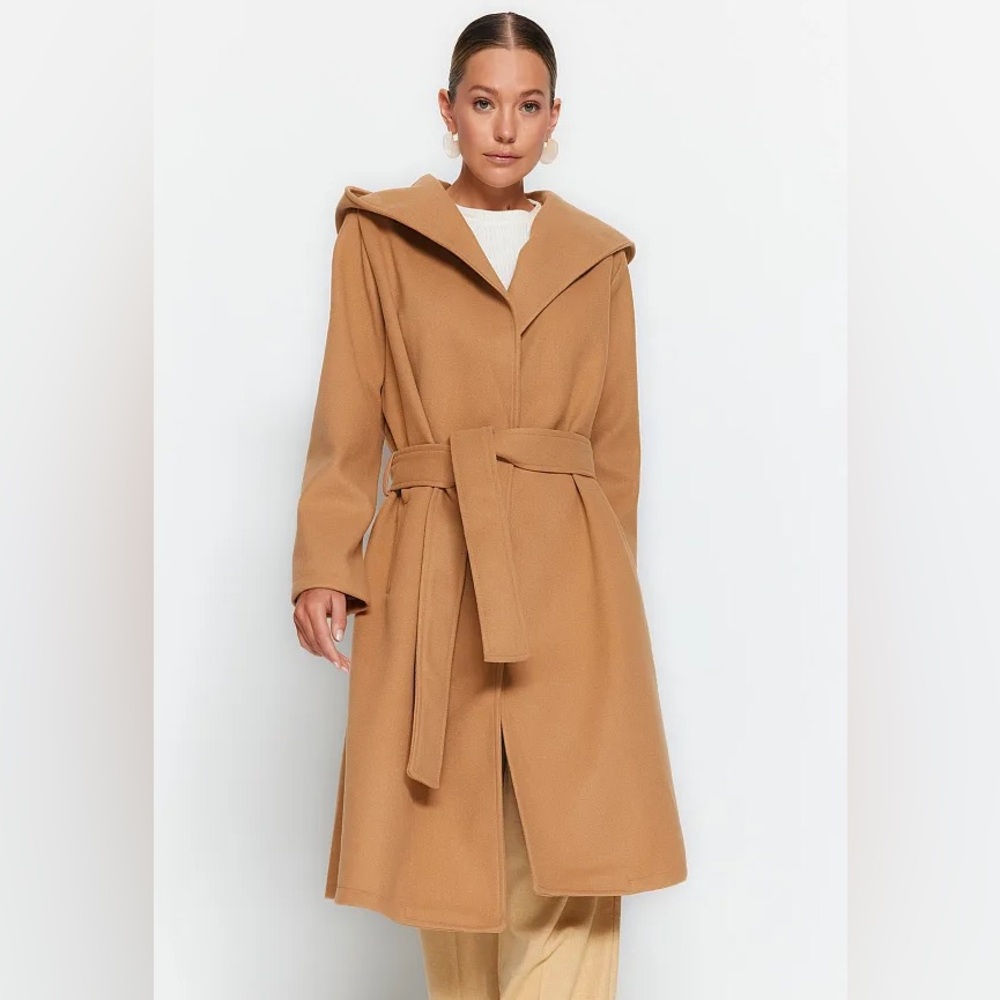 Brave Soul Long Hooded Wrap Coat Camel Size Small
